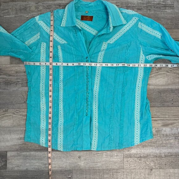 Scully Teal Women's Western Pearl Snap Long Sleeve Top Ruffles Lace N25 - Picture 4 of 5